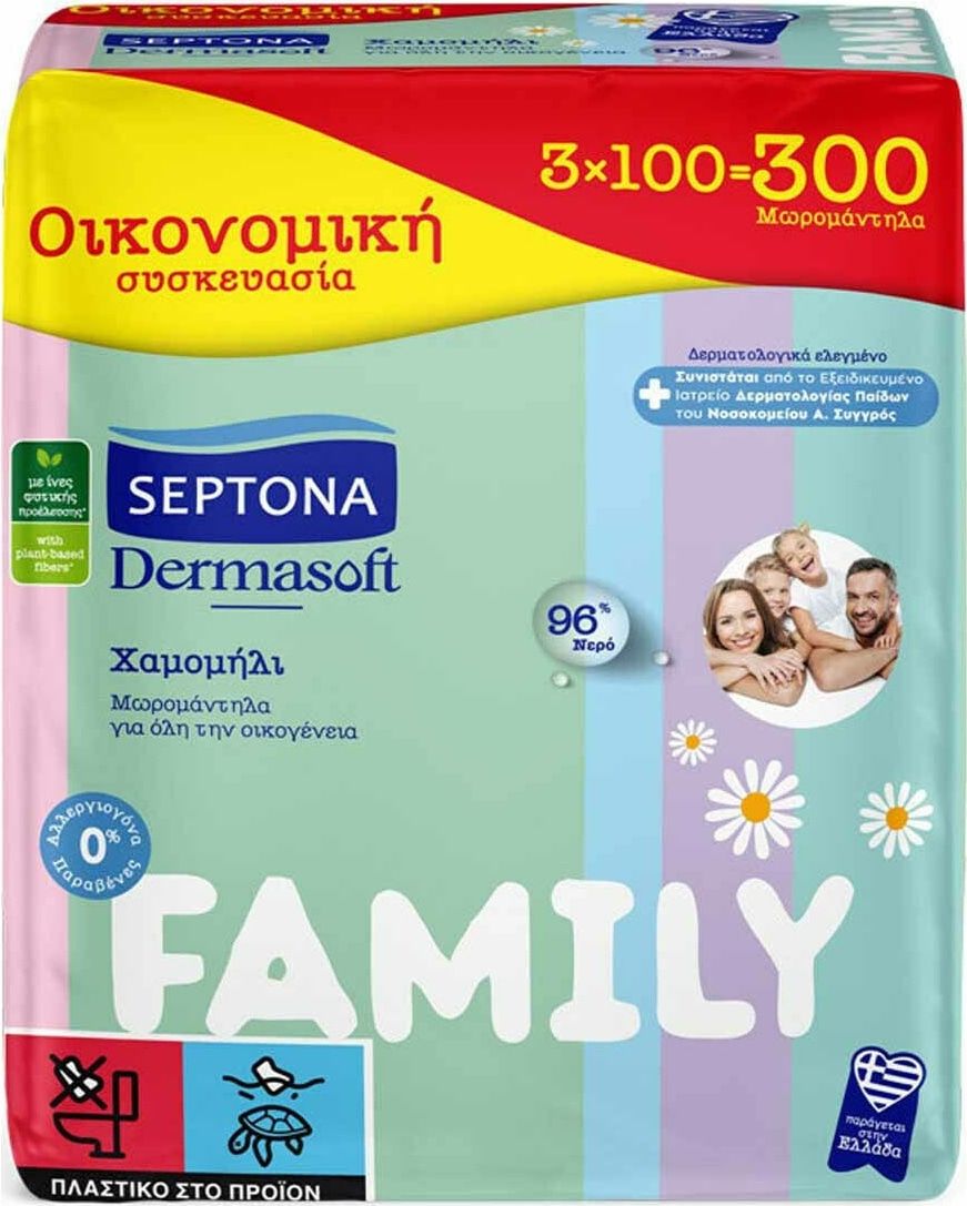 Μωρομάντηλα Septona Dermasoft Family χωρίς Οινόπνευμα & Parabens με Χαμομήλι 3x100τμχ